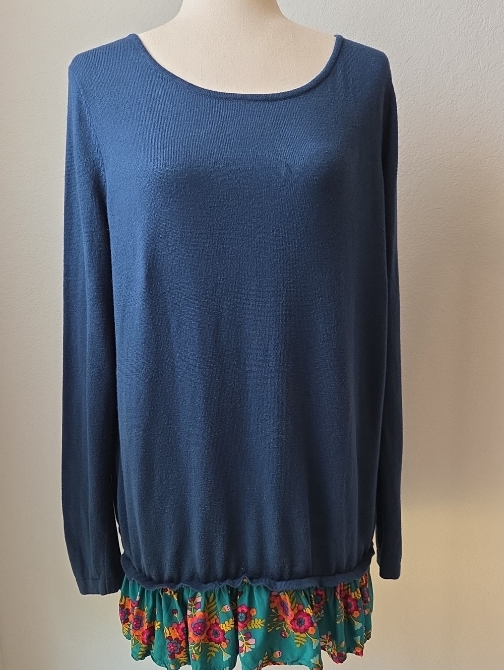 Matilda Jane Deep Blue Scoop Neck Long Sleeve Sweater Tunic Top Floral Ruffle L